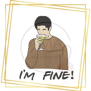Puede incluir: Una ilustración de dibujos animados de una persona sosteniendo un vaso de bebida verde con el texto "I'm Fine!" en negro.