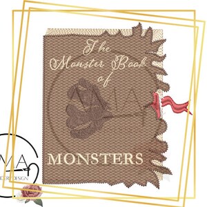 May include: A brown book with a torn edge and a red ribbon bookmark. The book cover has the text "The Monster Book of Monsters" in a cream colored font.