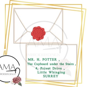 May include: A red wax seal on a white envelope with a gold border. The envelope is addressed to Mr. H. Potter, The Cupboard under the Stairs, 4, Privet Drive, Little Whinging, Surrey.