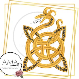 May include: Gold and black embroidery design of a Celtic knot with a snake intertwined. The knot is in the shape of a four-leaf clover.