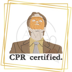 May include: A brown suit jacket with a yellow shirt and tie. The person is wearing a gold face mask. The text "CPR certified." is below the image.