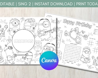 Minions Happy Birthday Instant DIGITAL Download Placemat. Childrens Party Bag Filler. Printable Colouring Pages. Digital Decorations