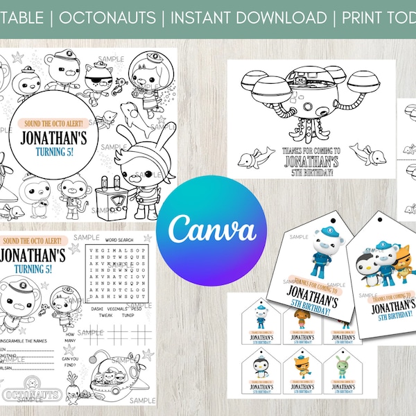 Editable Octonauts Bundle Activity Placemats. Gift tags, Party Bag Filler. Instant Download Personalised and Customised Online Template.