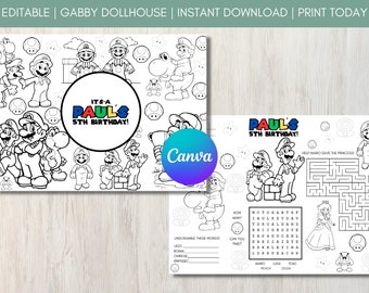 EDITABLE Super Mario Instant Digital Download Placemat. Childrens Party Bag Filler. Printable Colouring Pages. Digital Decorations