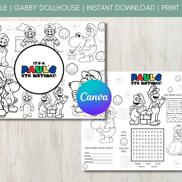 EDITABLE Super Mario Instant Digital Download Placemat. Childrens Party Bag Filler. Printable Colouring Pages. Digital Decorations