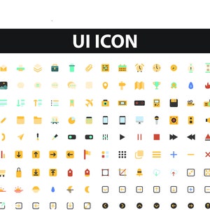 Puede incluir: Una colección de coloridos iconos de interfaz de usuario en varias formas y diseños, incluyendo un candado, sobre, batería, calendario, reloj, mapa, trofeo y más. El texto "UI ICON" se muestra en la parte superior.