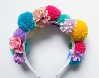 Festival headband, carnival headband, statement headpiece, festival head dress, flower headband, pompom headband, flower crown