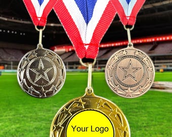 Médaille personnalisée, or, argent et bronze, avec ruban. Votre logo disponible