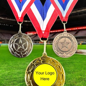 Personalised Medal, Gold,Silver and Bronze, With Ribbon. Your Logo available