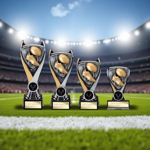 Peut inclure: Quatre trophées argentés et dorés avec un ballon de rugby et une chaussure de sport. Chaque trophée a une base noire avec une plaque dorée indiquant "YOUR ENGRAVING HERE". Ils sont sur un terrain vert avec un stade en arrière-plan.