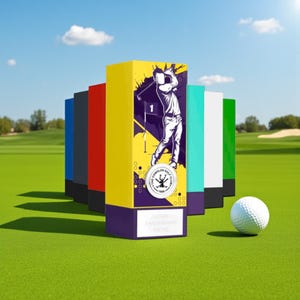 Può includere: Una collezione di scatole trofeo a tema golf colorate e una pallina da golf su un campo verde. Le scatole sono gialle, blu, grigie, rosse, turchesi, bianche e verdi. La scatola gialla presenta un grafico di un golfista e il testo "THE COWDEN GOLF CLUB 1906".