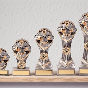 Op de afbeelding: Een set van vijf karate-trofeeën in verschillende maten. Elke trofee heeft een zilverkleurige figuur in een karate-uniform met gouden accenten, in een traditionele houding. De basis is goudkleurig en het ontwerp bevat een lauwerkrans.