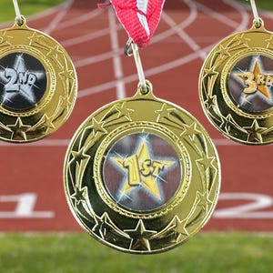 Personalised Sports Day Medals, Gold,Silver and Bronze, With Ribbon. 1st, 2nd and 3rd place