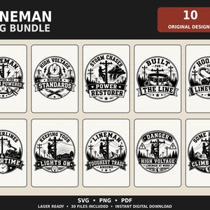 May include: A digital bundle of 10 black and white graphic designs featuring linemen, utility poles, and electrical equipment. Each circular emblem includes text such as Lineman, High Voltage, Storm Chaser, and Power Restorer, presented in a grid format.