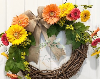 Summer Wreath, Spring Wreath, Grapevine Wreath, Colorful Wreath, Daisies Wreath, Front Door Summer Wreath, Front Door Spring Wreath