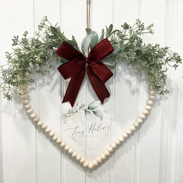 Heart Wreath, Wood Bead Wreath, Wedding Wreath, Door Hanger, Spring wreath