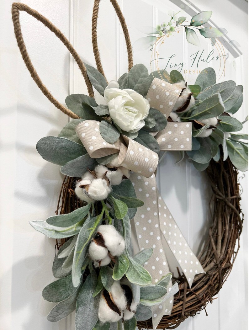 Easter Wreath, Spring Wreath, Bunny ears wreath, Farmhouse wreath, Front Door Wreath, Lambs ear wreath image 4