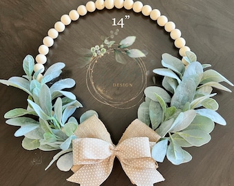 Farmhouse Wood Bead Wreath, Hoop Wreath with Lambs Ear leaves, Year round Wreath, Canvas Hoop Wreath