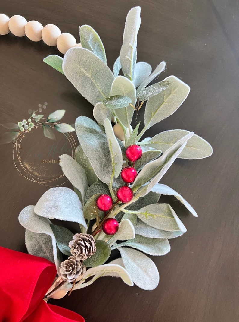 Red Christmas Farmhouse Wood Bead Wreath, Hoop Wreath With Lambs Ear ...