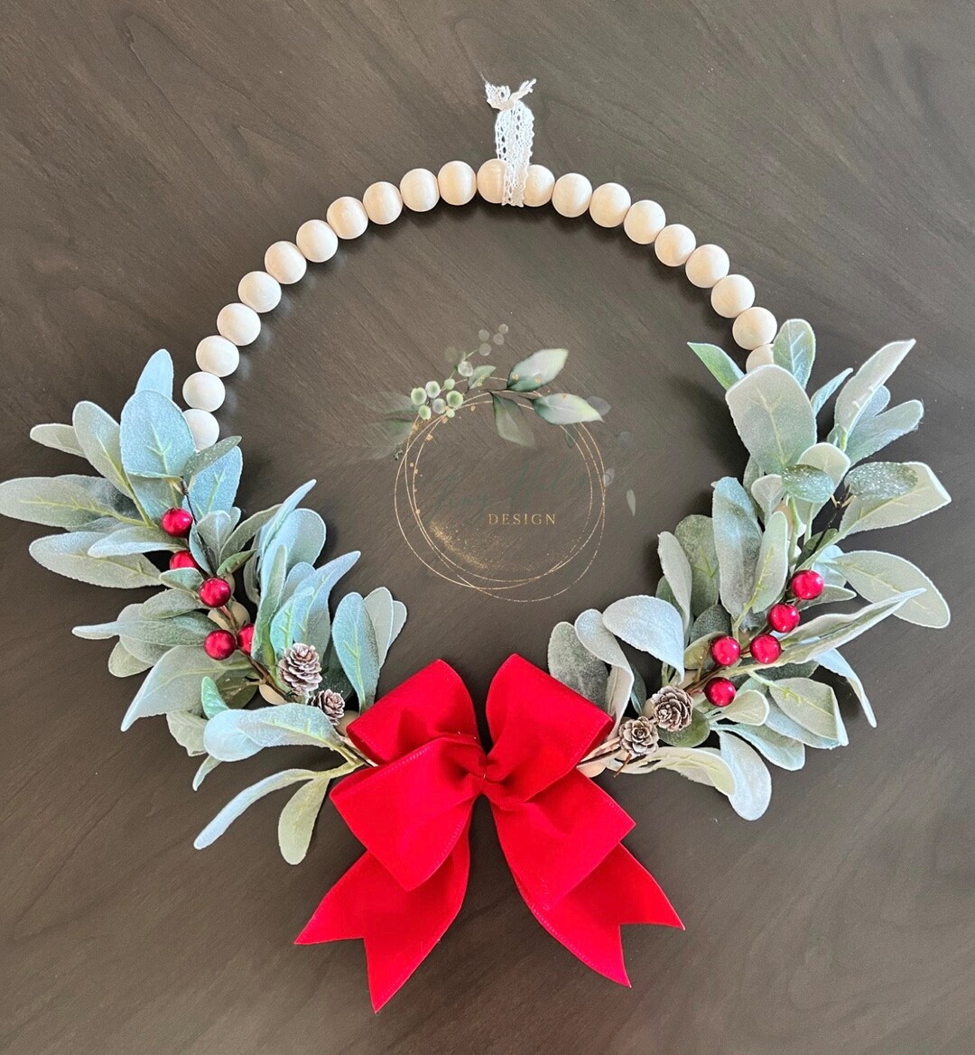 Red Christmas Farmhouse Wood Bead Wreath, Hoop Wreath With Lambs Ear ...