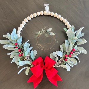 Red Christmas Farmhouse Wood Bead Wreath, Hoop Wreath with Lambs Ear leaves and Red berries