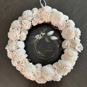 Sola Wood flowers wreath, Wedding Decor, Farmhouse wreath, Neutral Color Wreath, White flowers Wreath, Year round wreath, Grapevine Wreath