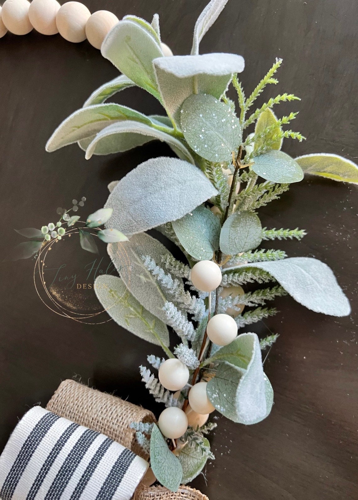 Christmas Farmhouse Wood Bead Wreath, Hoop Wreath With Lambs Ear Leaves ...
