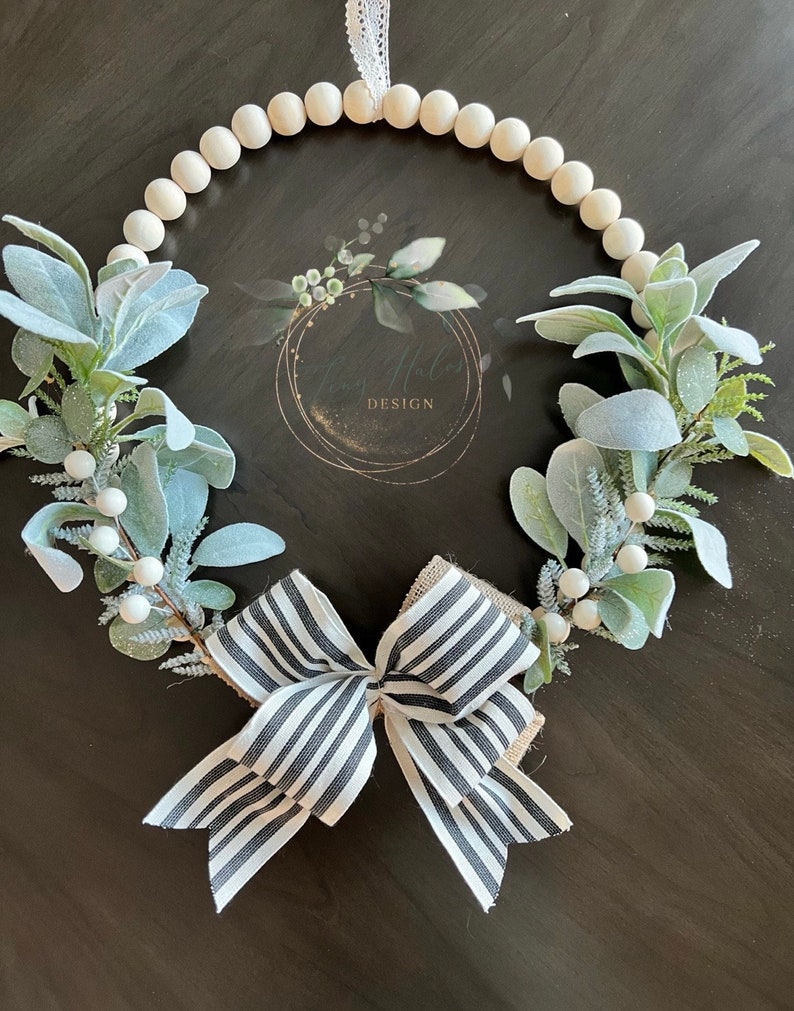 Christmas Farmhouse Wood Bead Wreath, Hoop Wreath With Lambs Ear Leaves ...