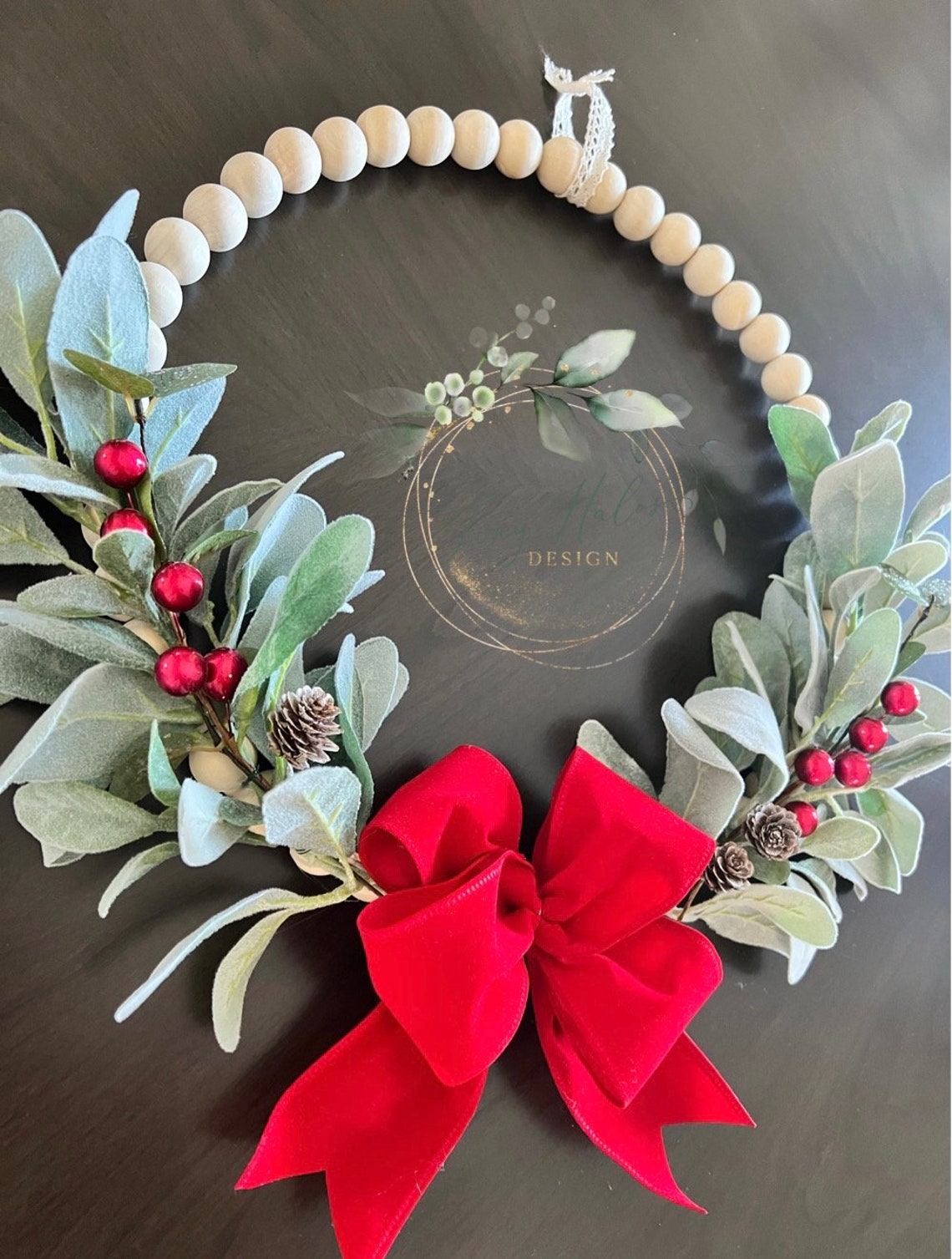 Red Christmas Farmhouse Wood Bead Wreath, Hoop Wreath With Lambs Ear ...