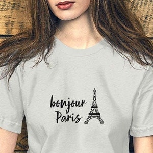 Bonjour Paris France Shirt, Tee T-Shirt, Travel Europe, Unisex Cotton Tshirt Gift