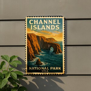 A vintage-style metal sign for Channel Islands National Park, featuring a scenic illustration of the cliffs and ocean.