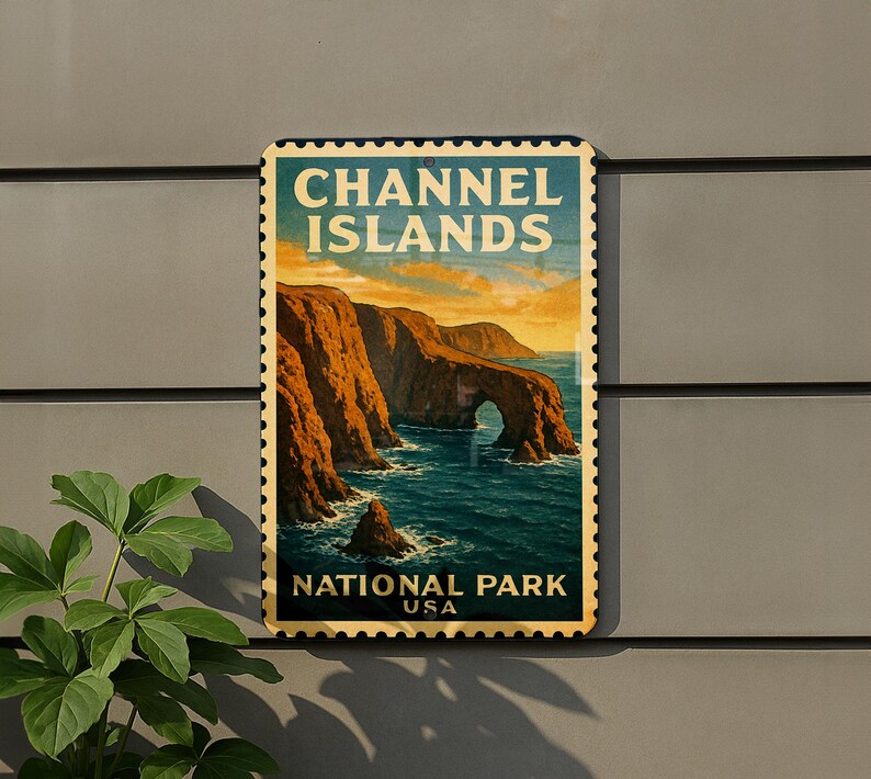 A vintage-style metal sign for Channel Islands National Park, featuring a scenic illustration of the cliffs and ocean.