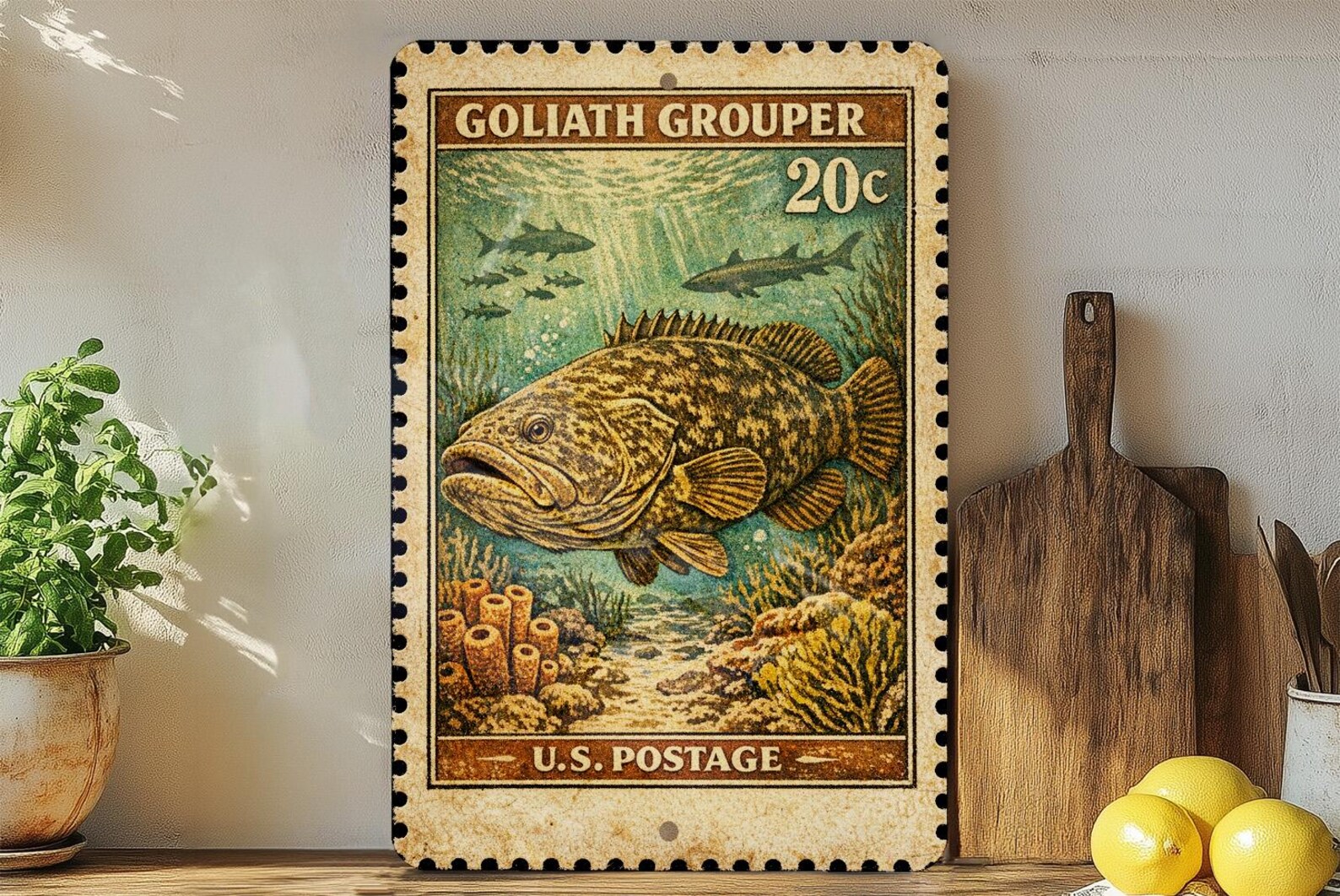 Goliath Grouper Vintage Stamp Style Metal Sign, Goliath Grouper Fish ...