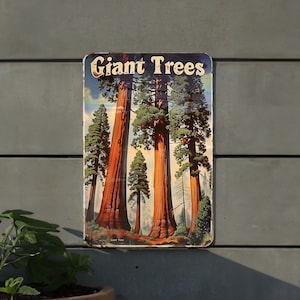 Letrero de metal del Parque Nacional Sequoia, letrero de árboles gigantes, decoración de gigantes del bosque, letrero de hojalata vintage, arte de pared retro