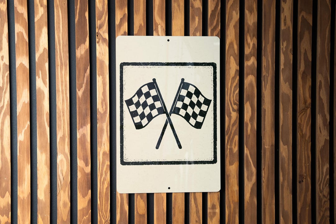 Checkered Racing Flags Metal Sign – Vintage Stamp Style Wall Art for ...