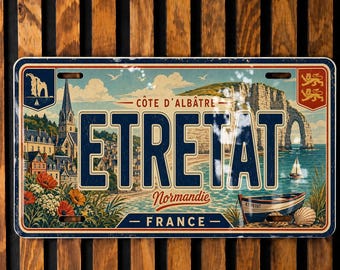 Étretat France Retro Style License Plate, Normandy Coastal Cliffs & Sea Landmark Souvenir Car Tag Decor