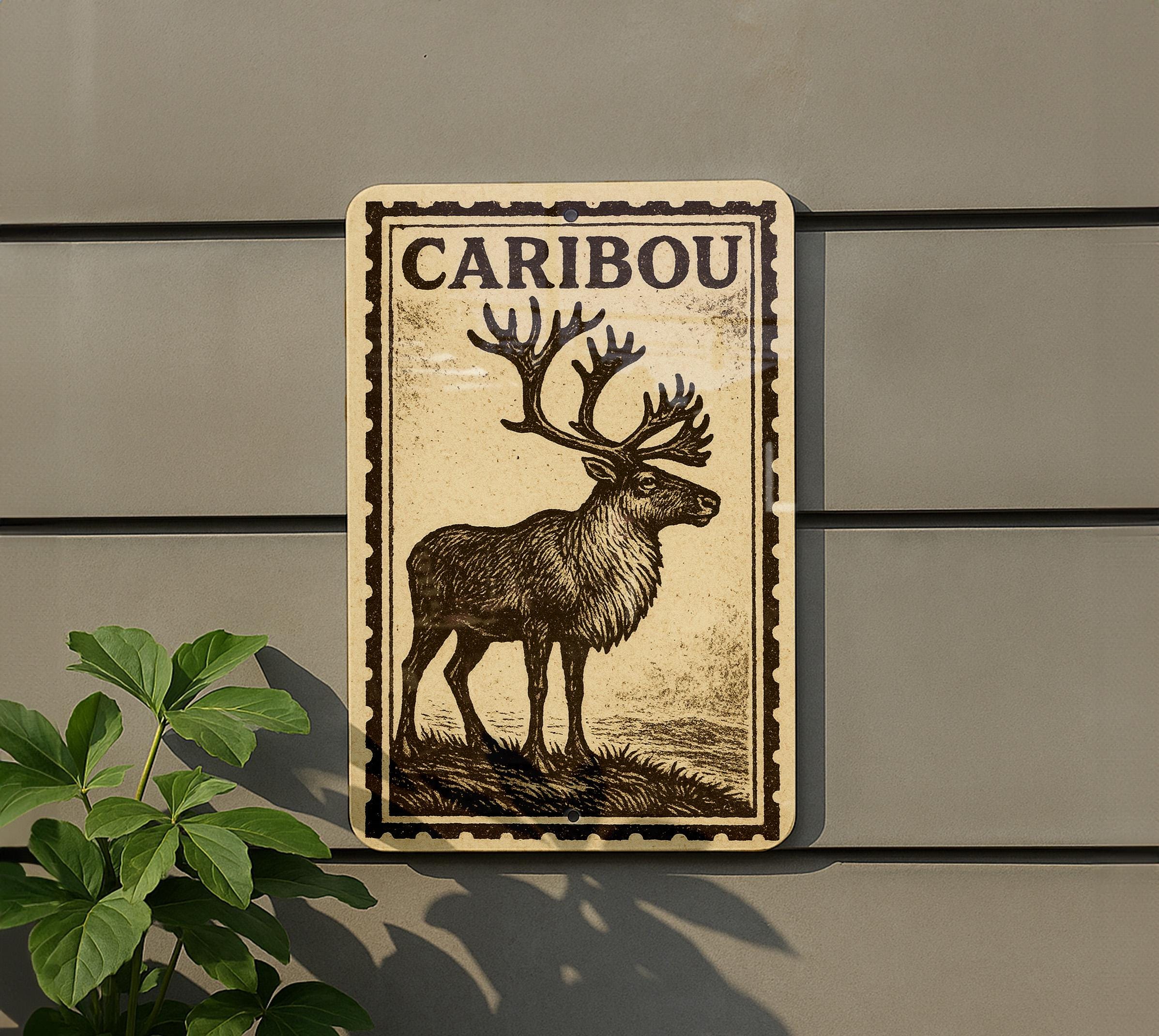 Caribou Stamp Style Metal Sign – Rustic Cabin Wall Art, Wildlife Lodge ...