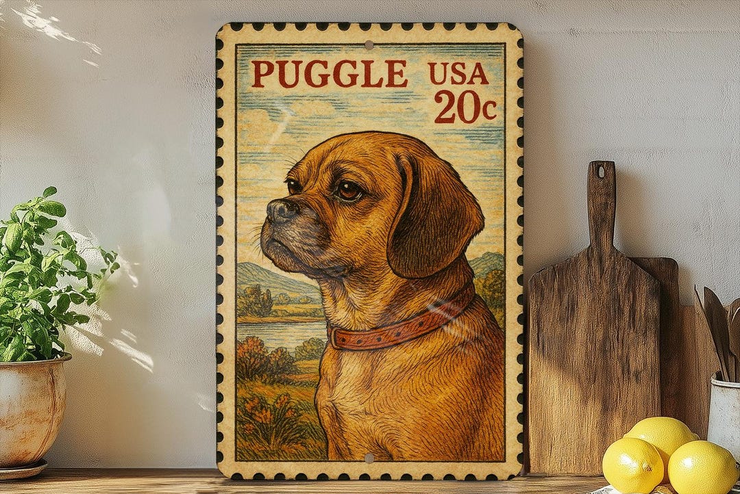 Puggle Sign Vintage Stamp Style Puggle Metal Sign, Puggle Dog Wall Decor, Cute Pug ...