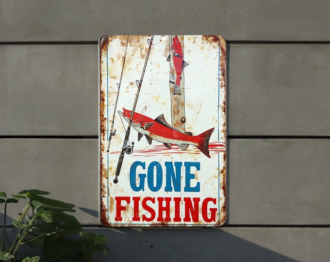 Gone Fishing Metal Sign, Vintage Style, Nautical Frame, Bold Font, Natural Colors
