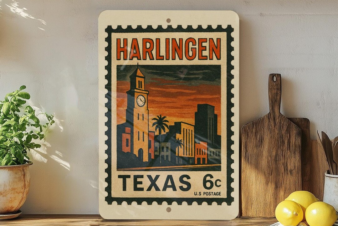Harlingen Texas Metal Sign – Retro Postage Stamp Design Featuring Palm ...