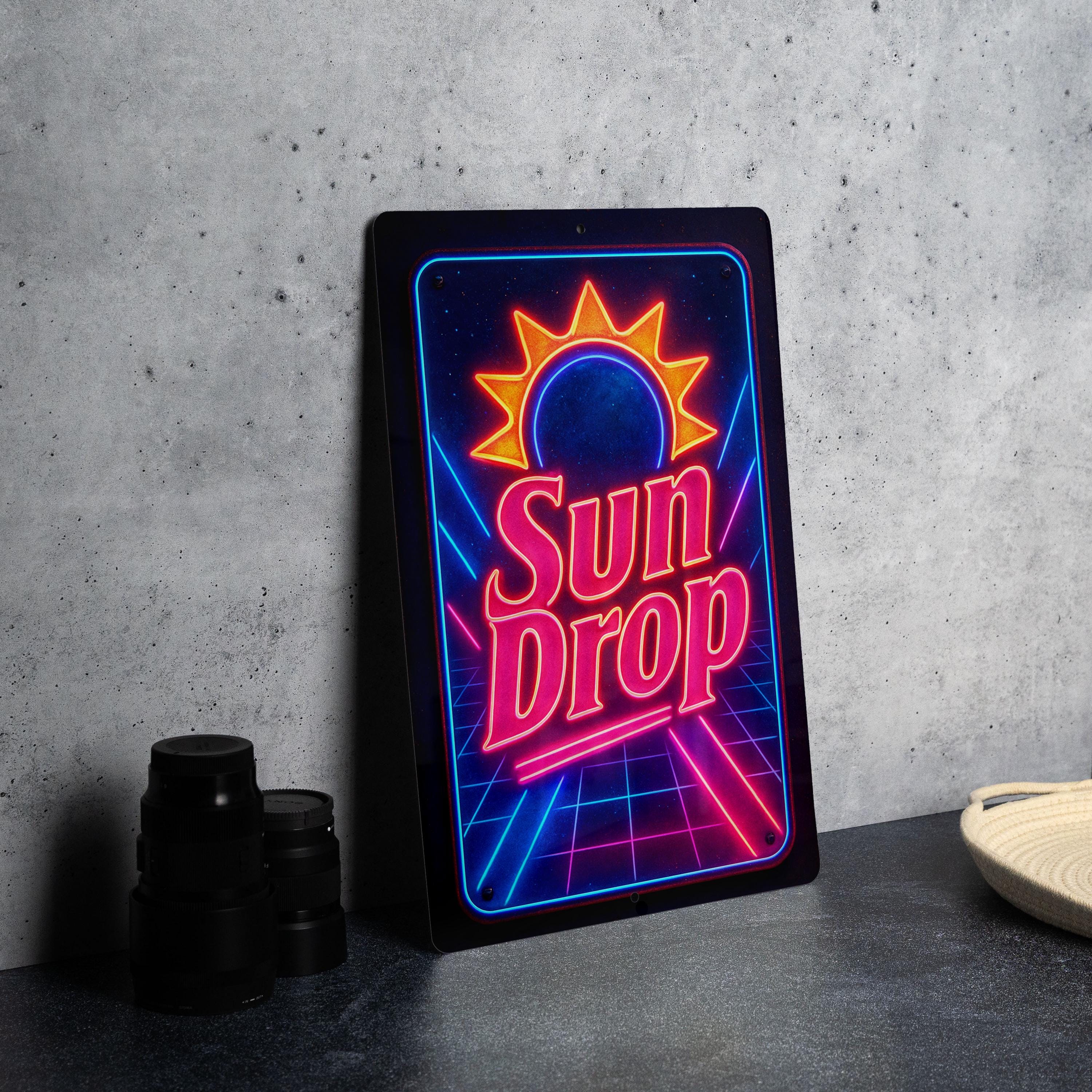 Vintage 1980s Neon Sundrop Metal Sign – Retro Cosmic Grid