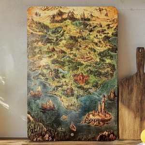 May include: A vintage-style map print featuring a detailed illustration of a fictional land with mountains, forests, rivers, and coastal towns. The map is printed on a wooden board with a distressed, aged look.