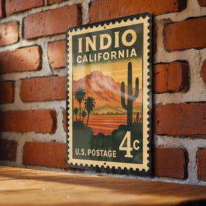 May include: A vintage-style metal sign featuring a desert landscape with a mountain range, palm trees, and a cactus. The sign reads "Indio California" and "U.S. Postage 4c" in a stamp-like design. The sign is mounted on a brick wall.