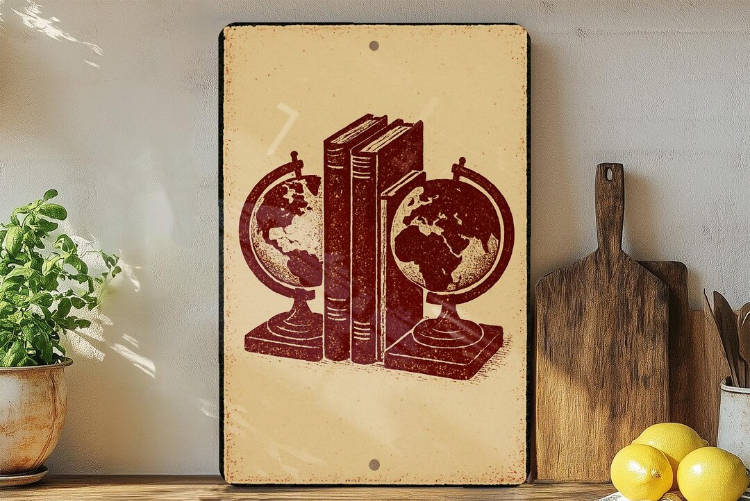 Vintage Globe Bookends Metal Sign – Rustic Library Decor, Stamp Style ...