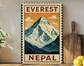 Mount Everest Nepal Metal Sign – Vintage Stamp Style Wall Art, Travel Decor, Adventure Mountain Lodge Gift