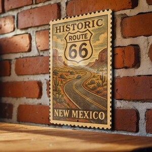 A vintage-style sign for the Historic Route 66 in New Mexico, featuring a desert landscape and a road.