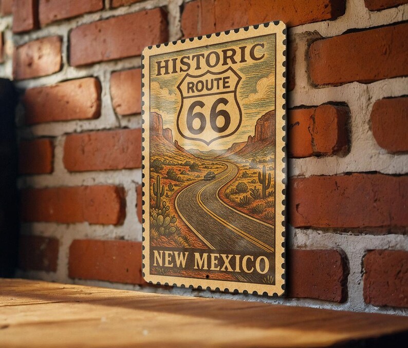 A vintage-style sign for the Historic Route 66 in New Mexico, featuring a desert landscape and a road.