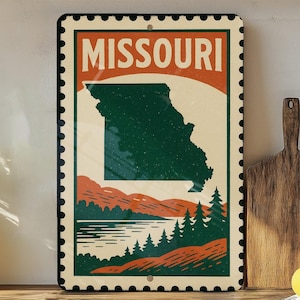 Missouri Stamp Metal Sign – Vintage State Art Wall Decor, Rustic Missouri Home Sign, Distressed License Plate Style Gift
