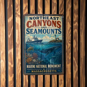 May include: A vintage-style metal sign with the text "Northeast Canyons and Seamounts" and an illustration of marine life. The sign also includes the text "Marine National Monument Massachusetts". The sign is mounted on a wooden slatted wall.