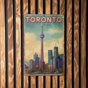 Retro Toronto Travel Poster Tin Sign – Vintage-Style Canada Wall Art, Metal City Decor for Home, Bar, or Man Cave
